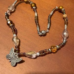 Handmade Choker Necklace w Butterfly Centre & Upcycled & New Beads & Crystals